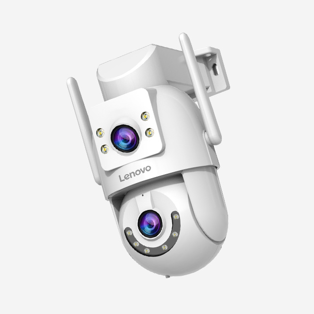 Lenovo X6G-U outdoor dual-lens camera with 3MP video, 360° PTZ view, night vision, and cloud storage.