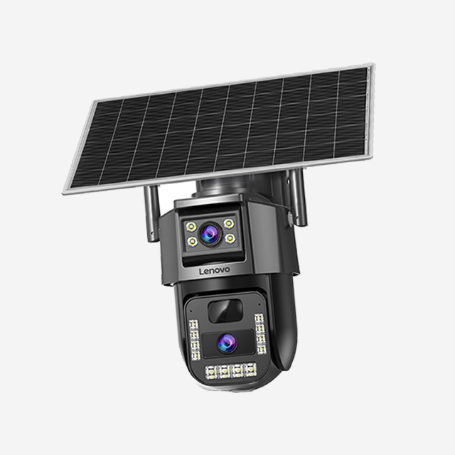 Lenovo Smart Camera G4S4 with 6MP lenses, three-screen view, night vision, 4G data, solar panel, and standby.