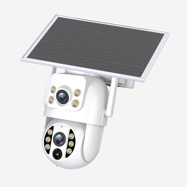 JOOAN S3-U outdoor solar Wi-Fi dual-lens camera with 3MP HD, H.265 video, night vision, 2.4GHz Wi-Fi, and Cam720 app control.