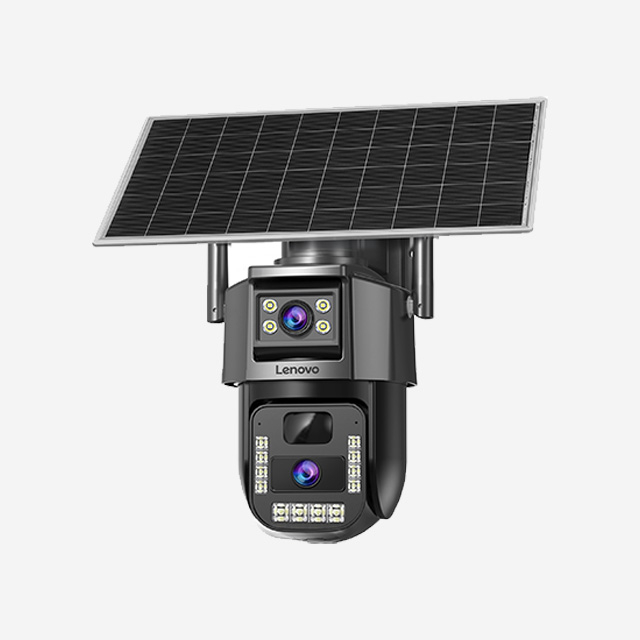 Lenovo Smart Camera G4S4 with 6MP lenses, three-screen view, night vision, 4G data, solar panel, and standby.