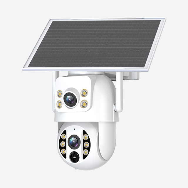 JOOAN S3-U outdoor solar Wi-Fi dual-lens camera with 3MP HD, H.265 video, night vision, 2.4GHz Wi-Fi, and Cam720 app control.