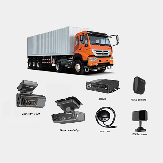 Hikvision truck mobile monitoring system with 4K dash cam, 4G GPS, Wi-Fi, waterproof design, and 360 vehicle surveillance.